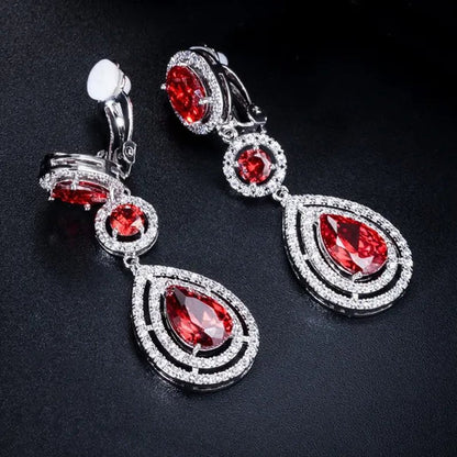 CANDICE Red Pear Cut Crystal Long Dangle Earrings without Piercing Women CZ Non Hole Clip on Ear Jewelry Bridal Accessories