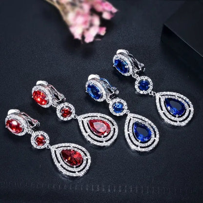 CANDICE Red Pear Cut Crystal Long Dangle Earrings without Piercing Women CZ Non Hole Clip on Ear Jewelry Bridal Accessories
