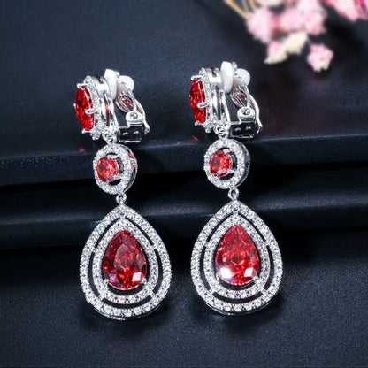 CANDICE Red Pear Cut Crystal Long Dangle Earrings without Piercing Women CZ Non Hole Clip on Ear Jewelry Bridal Accessories