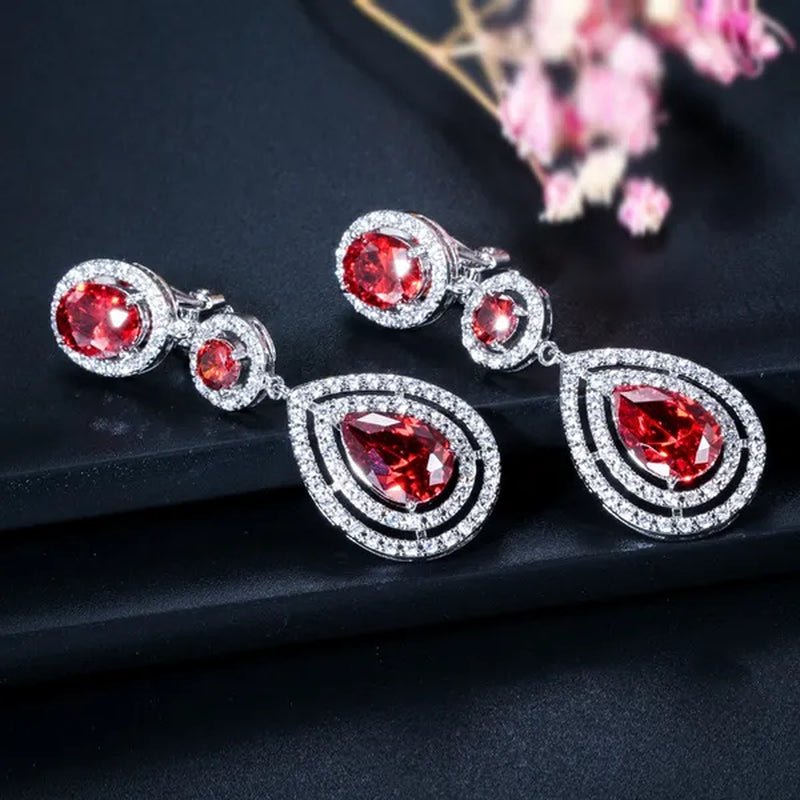 CANDICE Red Pear Cut Crystal Long Dangle Earrings without Piercing Women CZ Non Hole Clip on Ear Jewelry Bridal Accessories