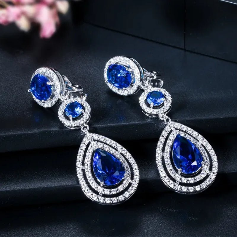 CANDICE Red Pear Cut Crystal Long Dangle Earrings without Piercing Women CZ Non Hole Clip on Ear Jewelry Bridal Accessories - WORLD TIME VISITS