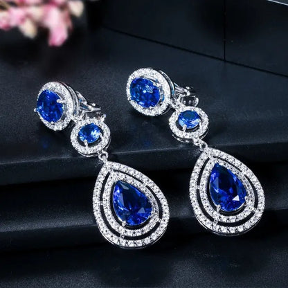 CANDICE Red Pear Cut Crystal Long Dangle Earrings without Piercing Women CZ Non Hole Clip on Ear Jewelry Bridal Accessories - WORLD TIME VISITS