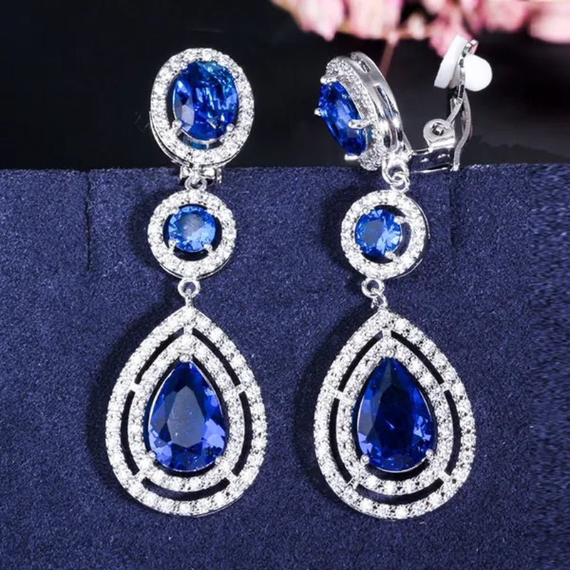 CANDICE Red Pear Cut Crystal Long Dangle Earrings without Piercing Women CZ Non Hole Clip on Ear Jewelry Bridal Accessories - WORLD TIME VISITS