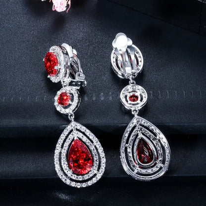 CANDICE Red Pear Cut Crystal Long Dangle Earrings without Piercing Women CZ Non Hole Clip on Ear Jewelry Bridal Accessories