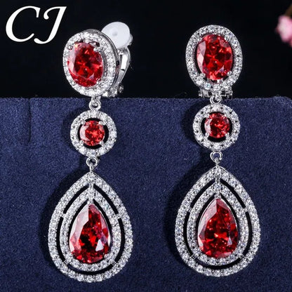 CANDICE Red Pear Cut Crystal Long Dangle Earrings without Piercing Women CZ Non Hole Clip on Ear Jewelry Bridal Accessories - WORLD TIME VISITS