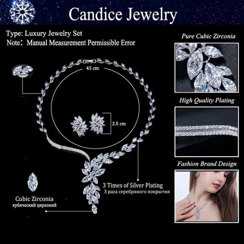 CANDICE Super Luxury White Gold Plated Clear Cubic Zirconia Big Flower Bridal Necklace Earrings for Wedding Party Jewelry Sets