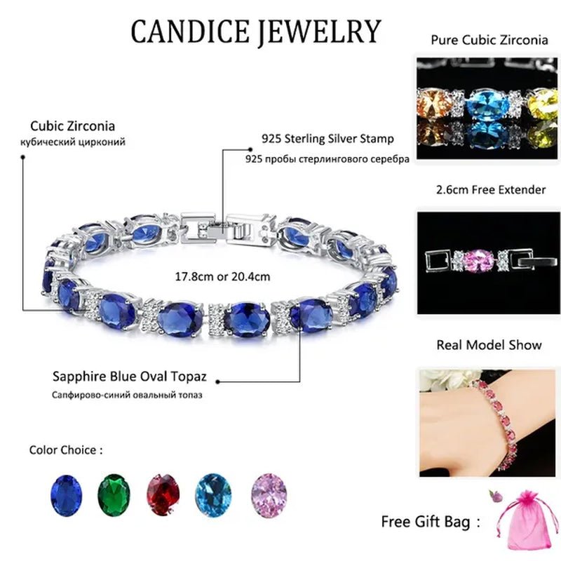 CANDICE Top Grade Blue Oval Women Silver Plated Jewelry Pave White Cubic Zirconia Noble Tennis Bracelet Bangles with Extended Clasp - WORLD TIME VISITS