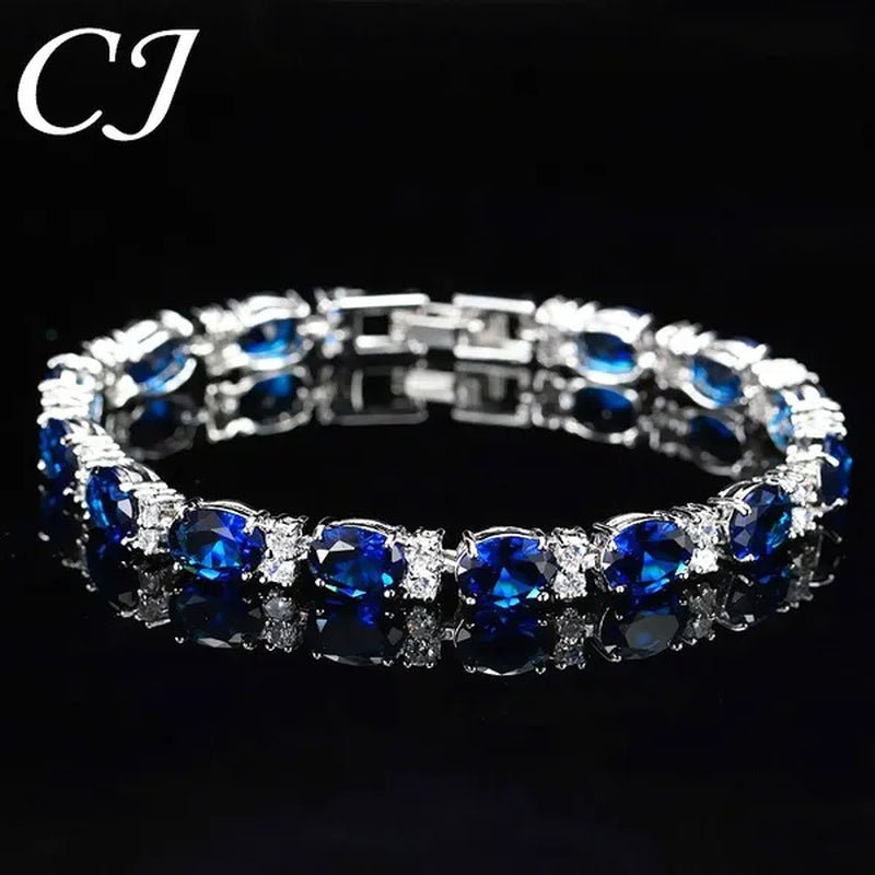 CANDICE Top Grade Blue Oval Women Silver Plated Jewelry Pave White Cubic Zirconia Noble Tennis Bracelet Bangles with Extended Clasp - WORLD TIME VISITS