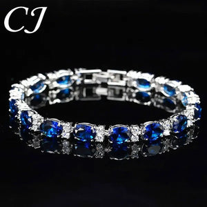 CANDICE Top Grade Blue Oval Women Silver Plated Jewelry Pave White Cubic Zirconia Noble Tennis Bracelet Bangles with Extended Clasp