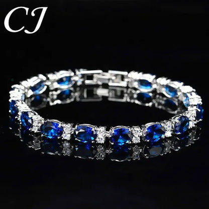 CANDICE Top Grade Blue Oval Women Silver Plated Jewelry Pave White Cubic Zirconia Noble Tennis Bracelet Bangles with Extended Clasp - WORLD TIME VISITS