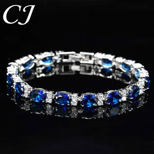CANDICE Top Grade Blue Oval Women Silver Plated Jewelry Pave White Cubic Zirconia Noble Tennis Bracelet Bangles with Extended Clasp - WORLD TIME VISITS