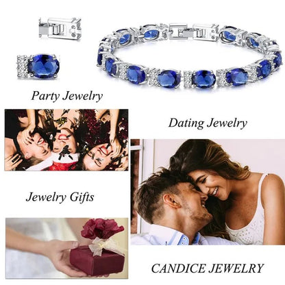 CANDICE Top Grade Blue Oval Women Silver Plated Jewelry Pave White Cubic Zirconia Noble Tennis Bracelet Bangles with Extended Clasp - WORLD TIME VISITS