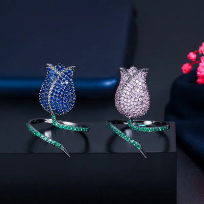 CANDICE Unique Finger Jewelry Micro Pave Pink Green Cubic Zirconia Black Gold Plated Rose Flower Adjustable Ring for Women Wedding