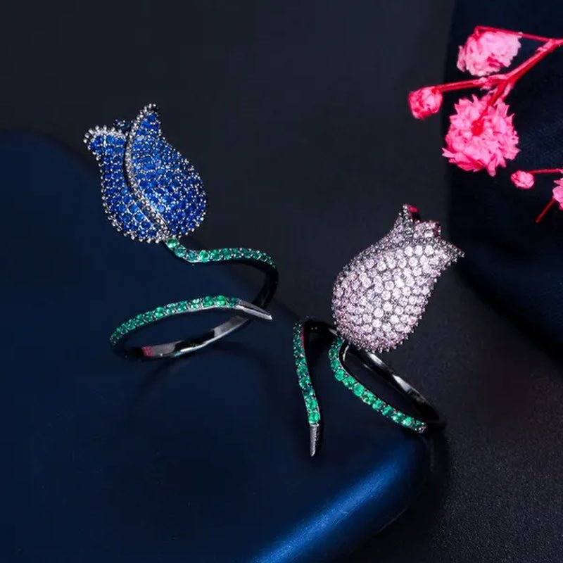 CANDICE Unique Finger Jewelry Micro Pave Pink Green Cubic Zirconia Black Gold Plated Rose Flower Adjustable Ring for Women Wedding