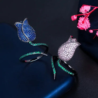 CANDICE Unique Finger Jewelry Micro Pave Pink Green Cubic Zirconia Black Gold Plated Rose Flower Adjustable Ring for Women Wedding