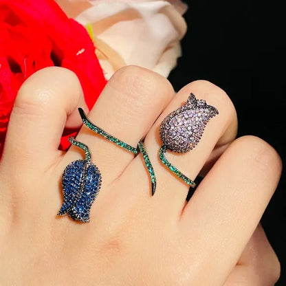 CANDICE Unique Finger Jewelry Micro Pave Pink Green Cubic Zirconia Black Gold Plated Rose Flower Adjustable Ring for Women Wedding - WORLD TIME VISITS