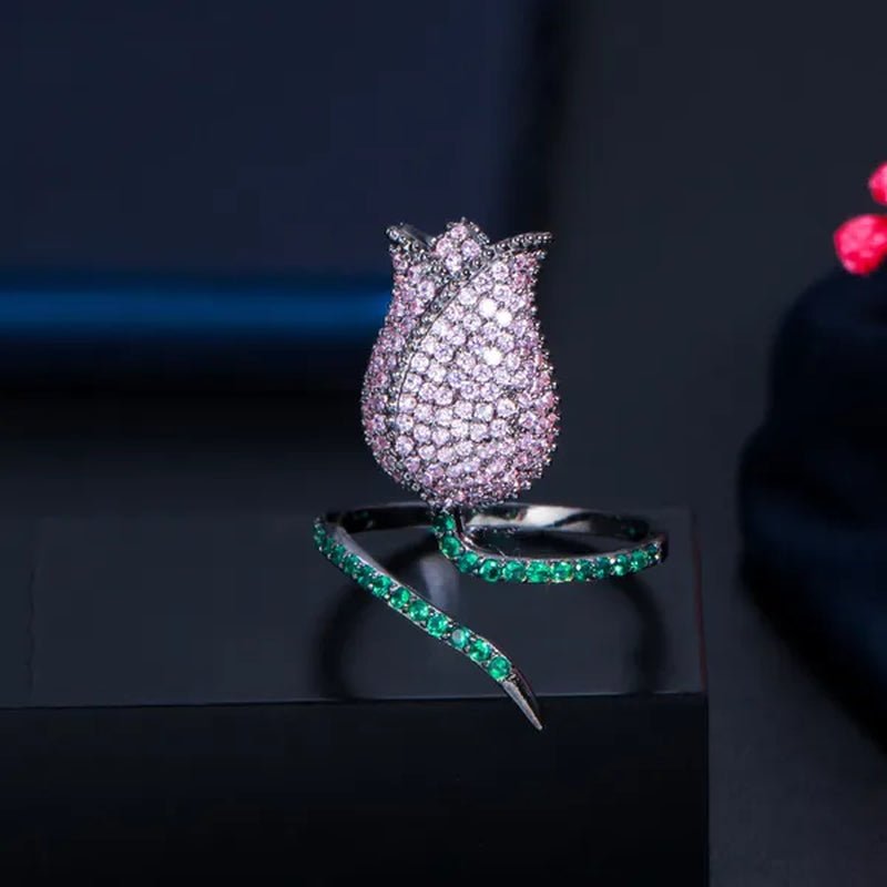 CANDICE Unique Finger Jewelry Micro Pave Pink Green Cubic Zirconia Black Gold Plated Rose Flower Adjustable Ring for Women Wedding