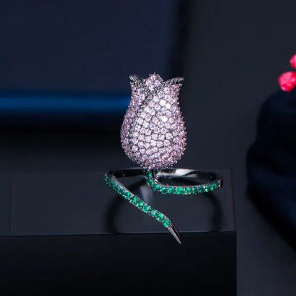 CANDICE Unique Finger Jewelry Micro Pave Pink Green Cubic Zirconia Black Gold Plated Rose Flower Adjustable Ring for Women Wedding