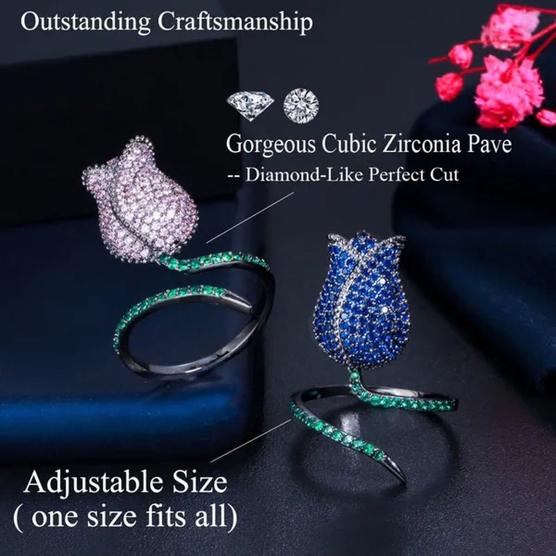 CANDICE Unique Finger Jewelry Micro Pave Pink Green Cubic Zirconia Black Gold Plated Rose Flower Adjustable Ring for Women Wedding