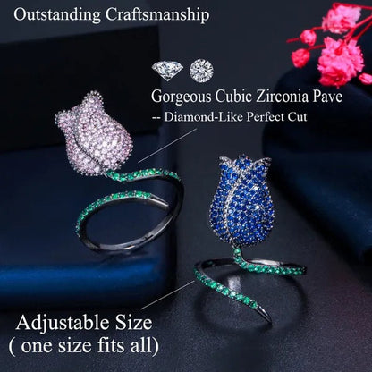 CANDICE Unique Finger Jewelry Micro Pave Pink Green Cubic Zirconia Black Gold Plated Rose Flower Adjustable Ring for Women Wedding