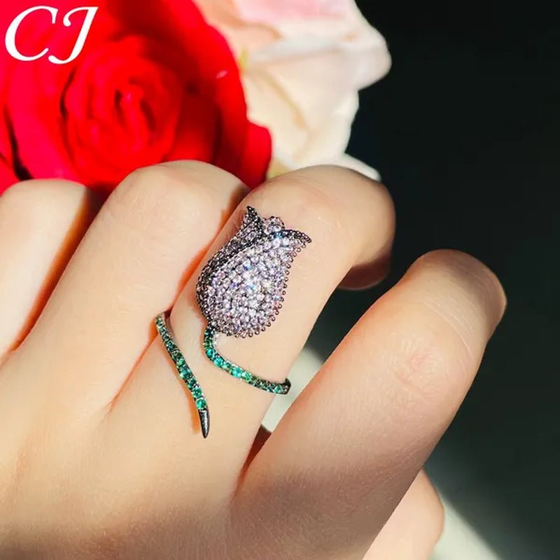 CANDICE Unique Finger Jewelry Micro Pave Pink Green Cubic Zirconia Black Gold Plated Rose Flower Adjustable Ring for Women Wedding - WORLD TIME VISITS