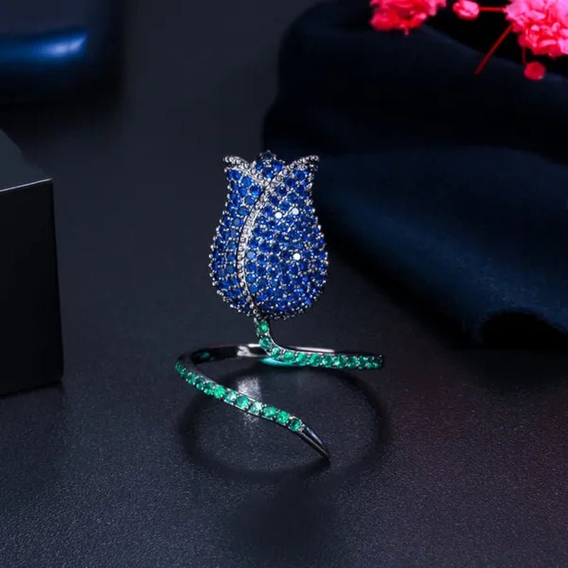 CANDICE Unique Finger Jewelry Micro Pave Pink Green Cubic Zirconia Black Gold Plated Rose Flower Adjustable Ring for Women Wedding