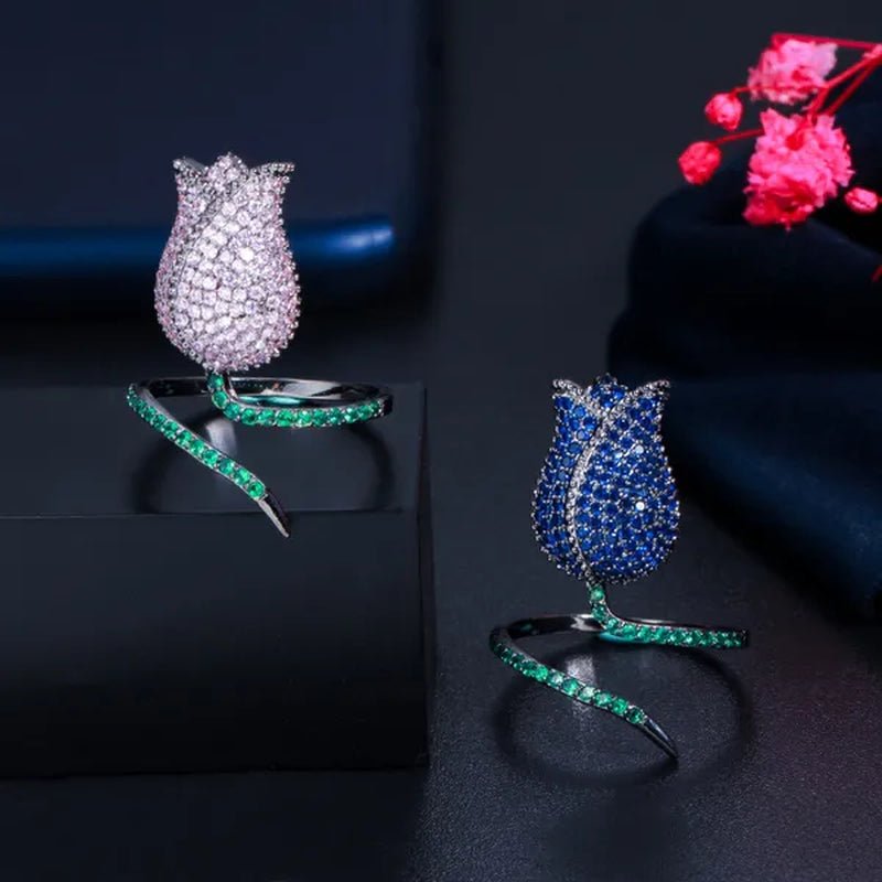 CANDICE Unique Finger Jewelry Micro Pave Pink Green Cubic Zirconia Black Gold Plated Rose Flower Adjustable Ring for Women Wedding