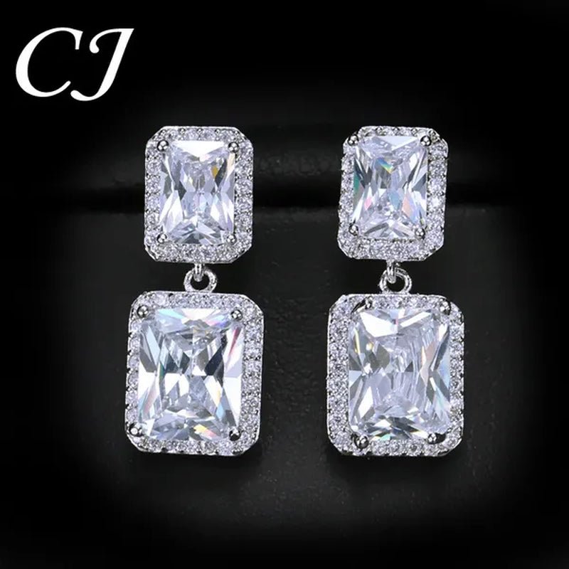 CANDICE Women Sparkling Banquet Drop Earrings Setting White Gold Plating Double Square Cubic Zirconia Dangle Ear Jewelry For Wedding Party - WORLD TIME VISITS