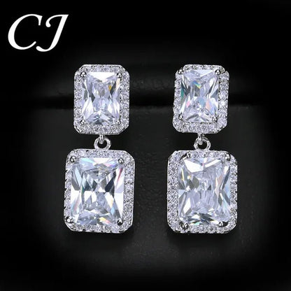 CANDICE Women Sparkling Banquet Drop Earrings Setting White Gold Plating Double Square Cubic Zirconia Dangle Ear Jewelry For Wedding Party - WORLD TIME VISITS