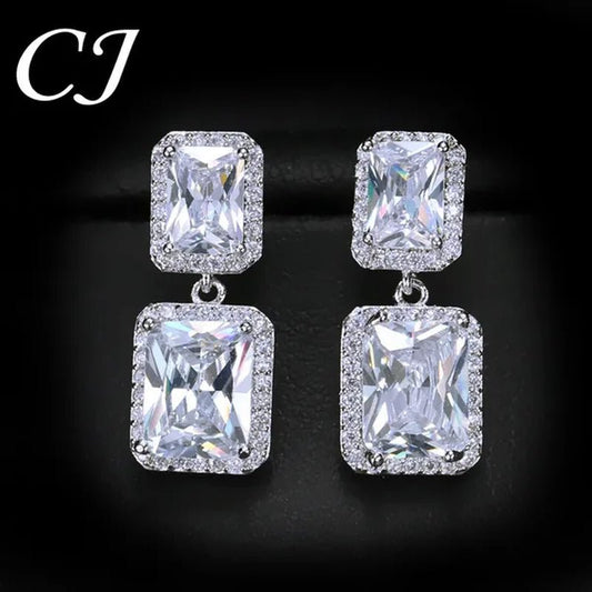 CANDICE Women Sparkling Banquet Drop Earrings Setting White Gold Plating Double Square Cubic Zirconia Dangle Ear Jewelry For Wedding Party - WORLD TIME VISITS