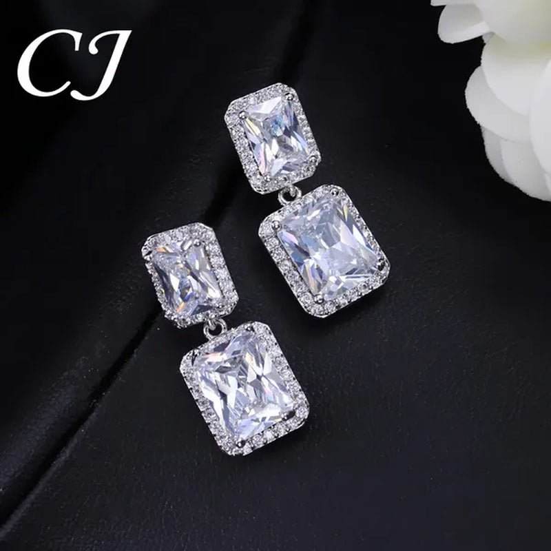 CANDICE Women Sparkling Banquet Drop Earrings Setting White Gold Plating Double Square Cubic Zirconia Dangle Ear Jewelry For Wedding Party