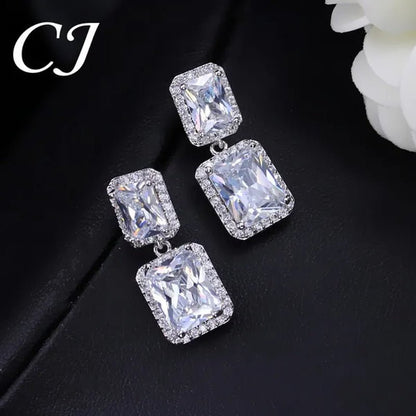 CANDICE Women Sparkling Banquet Drop Earrings Setting White Gold Plating Double Square Cubic Zirconia Dangle Ear Jewelry For Wedding Party