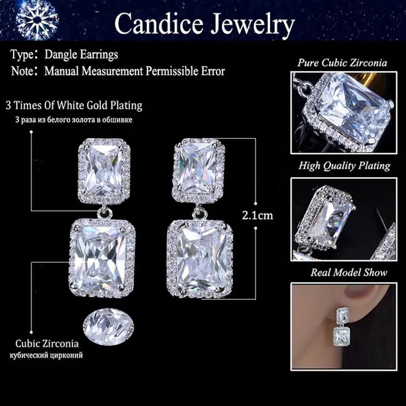 CANDICE Women Sparkling Banquet Drop Earrings Setting White Gold Plating Double Square Cubic Zirconia Dangle Ear Jewelry For Wedding Party - WORLD TIME VISITS