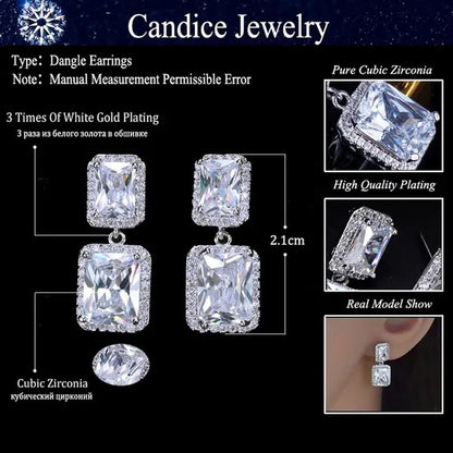 CANDICE Women Sparkling Banquet Drop Earrings Setting White Gold Plating Double Square Cubic Zirconia Dangle Ear Jewelry For Wedding Party - WORLD TIME VISITS