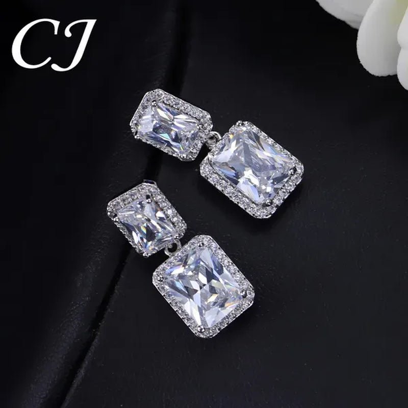 CANDICE Women Sparkling Banquet Drop Earrings Setting White Gold Plating Double Square Cubic Zirconia Dangle Ear Jewelry For Wedding Party