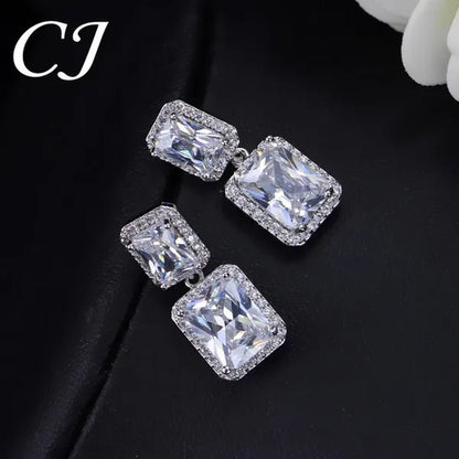 CANDICE Women Sparkling Banquet Drop Earrings Setting White Gold Plating Double Square Cubic Zirconia Dangle Ear Jewelry For Wedding Party