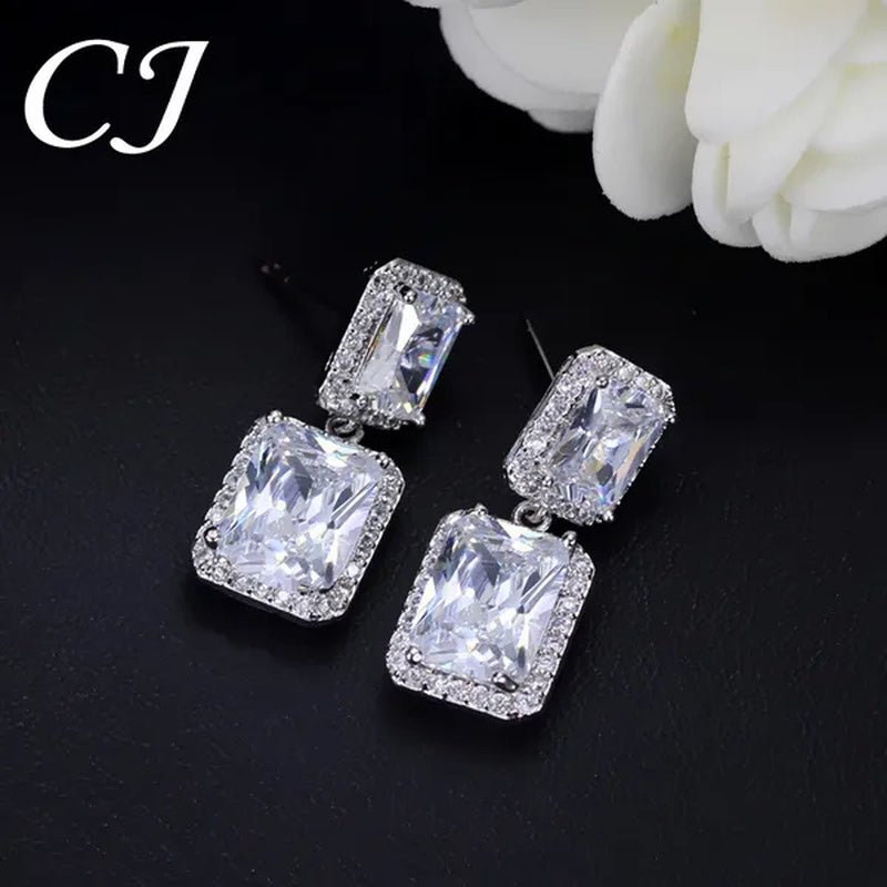 CANDICE Women Sparkling Banquet Drop Earrings Setting White Gold Plating Double Square Cubic Zirconia Dangle Ear Jewelry For Wedding Party