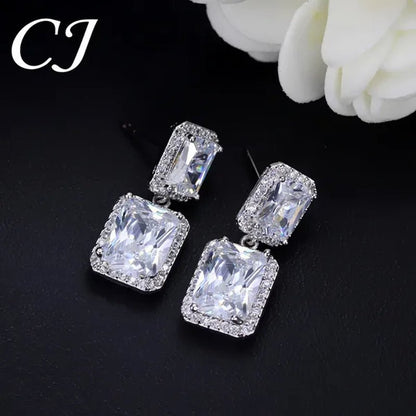 CANDICE Women Sparkling Banquet Drop Earrings Setting White Gold Plating Double Square Cubic Zirconia Dangle Ear Jewelry For Wedding Party