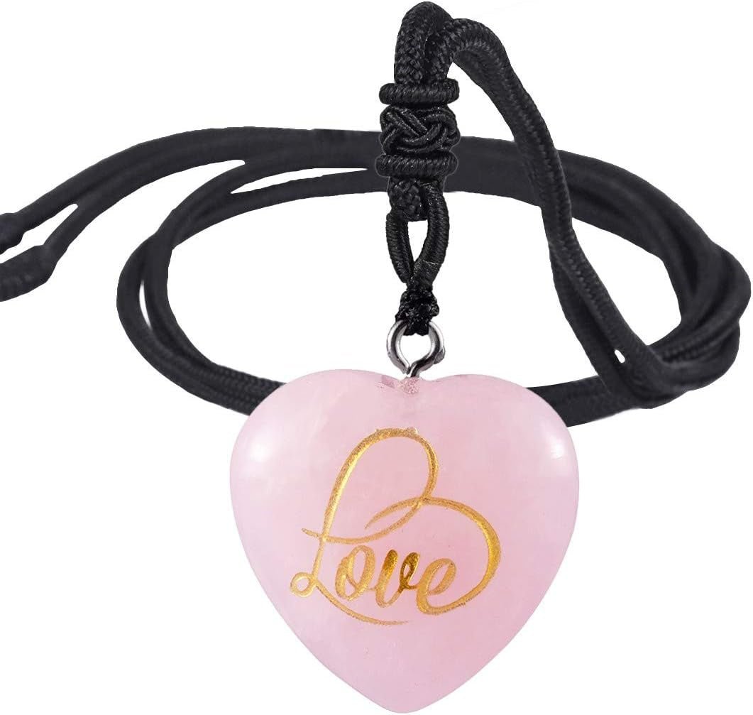 Carved LOVE Heart Stone Pendant Necklace for Women Men, Healing Crystal Point Necklaces for Unisex, Adjustable 18" - 26" Strand, Pack of 2 - WORLD TIME VISITS