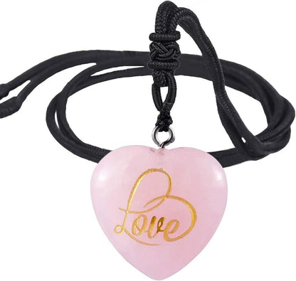 Carved LOVE Heart Stone Pendant Necklace for Women Men, Healing Crystal Point Necklaces for Unisex, Adjustable 18" - 26" Strand, Pack of 2 - WORLD TIME VISITS
