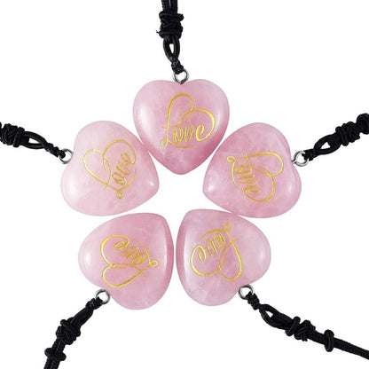 Carved LOVE Heart Stone Pendant Necklace for Women Men, Healing Crystal Point Necklaces for Unisex, Adjustable 18"-26" Strand, Pack of 2