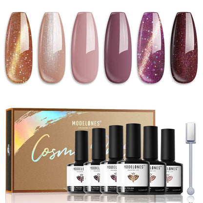 Cat Eye Gel Nail Polish Set 6 Colors, Glitter Nude Shiny Champagne Burgundy Gold Magnetic Effect Sparkle Stunning Home Nail Art Gel Kit Gift - WORLD TIME VISITS