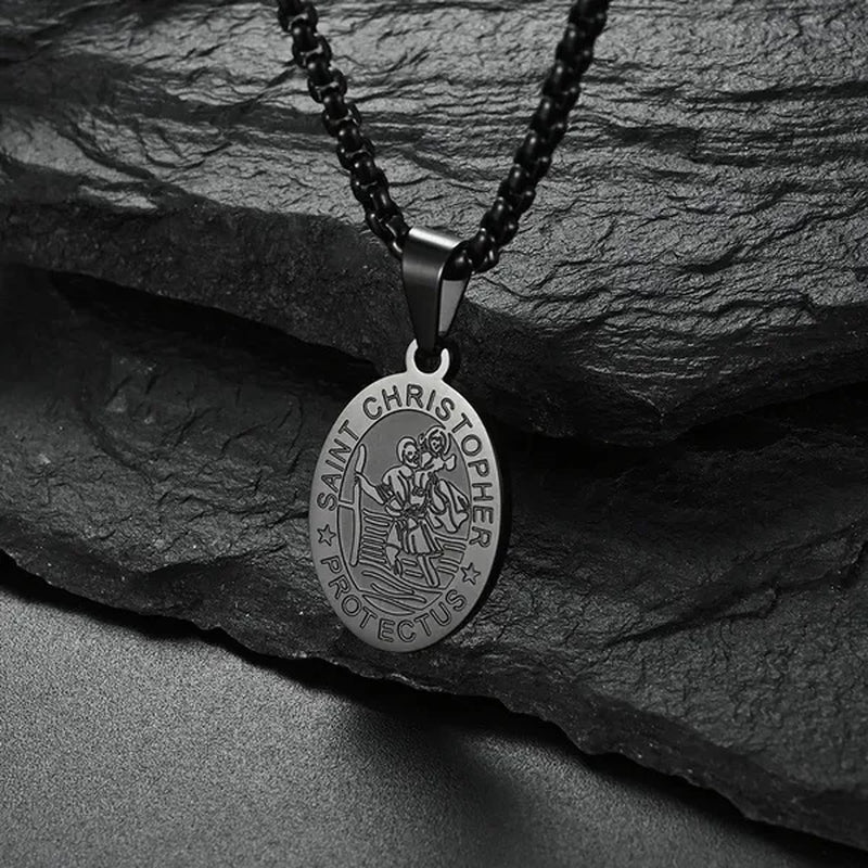 Oval St Christopher Medal Necklace Stainless Steel Saint Christopher Protect Us Pendant Catholic Patron Religious Amulet Jewelry Silver / Black / Silver