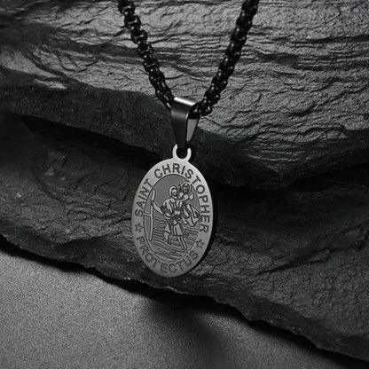 Oval St Christopher Medal Necklace Stainless Steel Saint Christopher Protect Us Pendant Catholic Patron Religious Amulet Jewelry Silver / Black / Silver