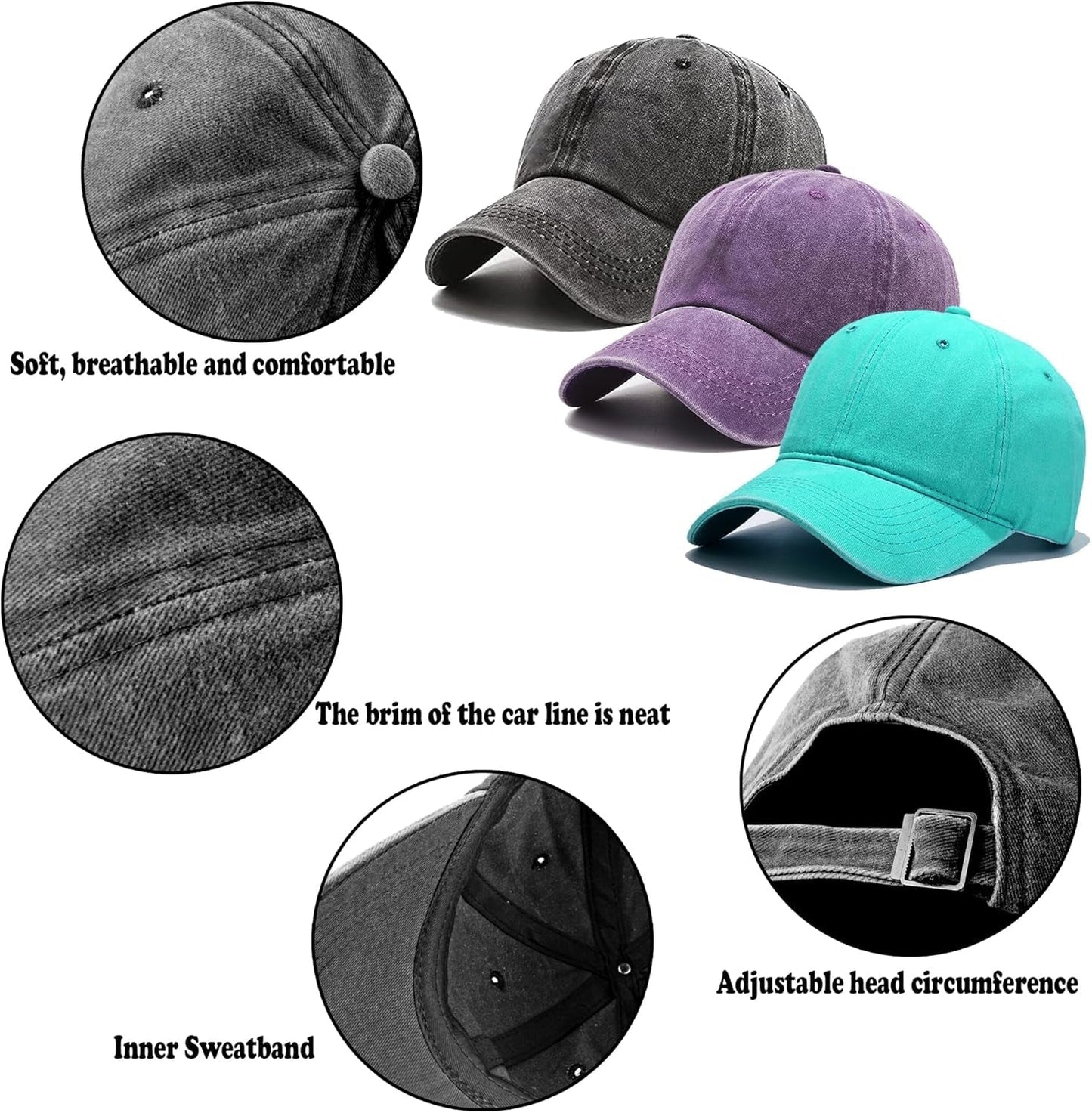 3 Pack Washed Plain Vintage Baseball Cap Cotton Adjustable Twill Bulk Low Profile Classic Dad Hat for Men/Women