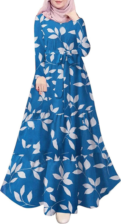 Kaftan Dresses for Women Floral Print Long Robe Ramadan Abaya Maxi Dress Long Sleeve Muslim Dubai Outfits