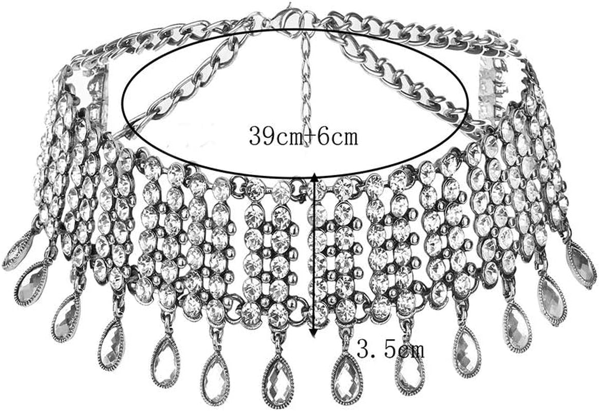 Vintage Boho Full Rhinestones Necklaces Tassel Jewelry Set Layered Pendant Statement Chunky Chain Necklace for Women and Girls