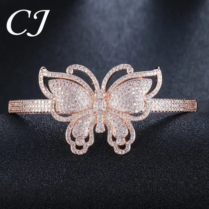 CANDICE High Quality Rose White Gold Plated Full Pave Tiny Crystal Stone Big Butterfly Shape Ring and Bangle Bracelet Party Jewelry Set for Women Christmas Gift