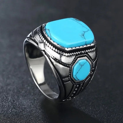 Punk Rock Vintage Classic Blue Cube Turquoise Ring Titanium Steel Retro Fine Rings for Men Boy Cool Jewelry Fashion Accessories