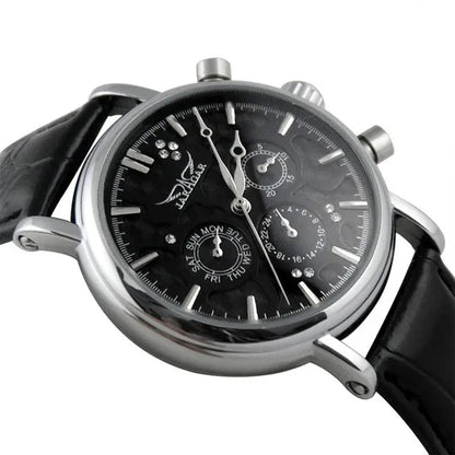 JARAGAR Automatic Mechanical Genuine Leather Strap Wrist Watch Luxury Gift for Men Fashion White Crystal Diamond Jewelry Accessories